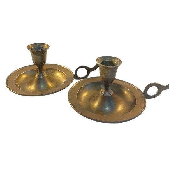 Pair Candlestick Holders Chamber Sticks Aged Uncleaned Patina 4.5" x 3" India - Picture 8 of 8